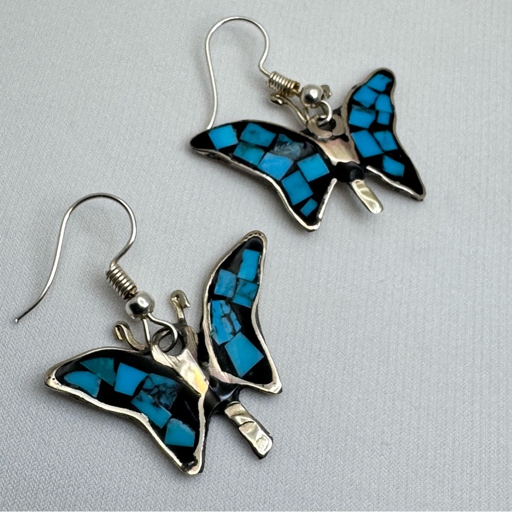 Vintage Mexico Turquoise Inlay Butterfly Earrings Silver Dangle Southwestern